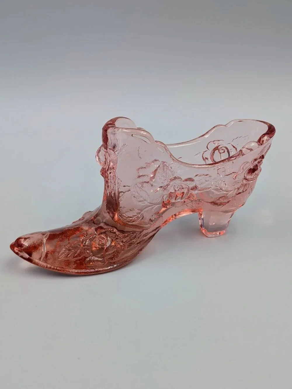Vintage Fenton Pink Glass Cabbage Rose Slipper Shoe | Pressed Glass High Heel